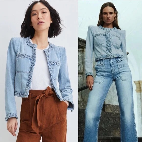 Veronica Beard Arrowe Cropped Braided Denim Jacket Blue Size 14 flaw